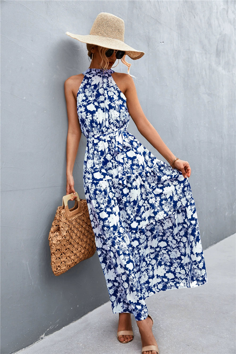 2022 Summer New Polka Dot Print Halter Neck Strap Dress