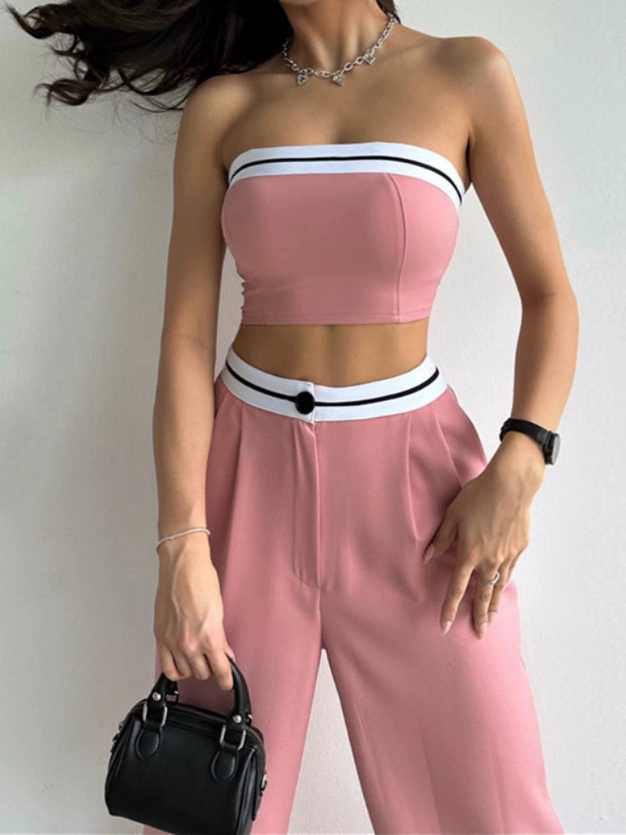 Casual Contrast Color Wide Leg Height Pants Suit Tube Top