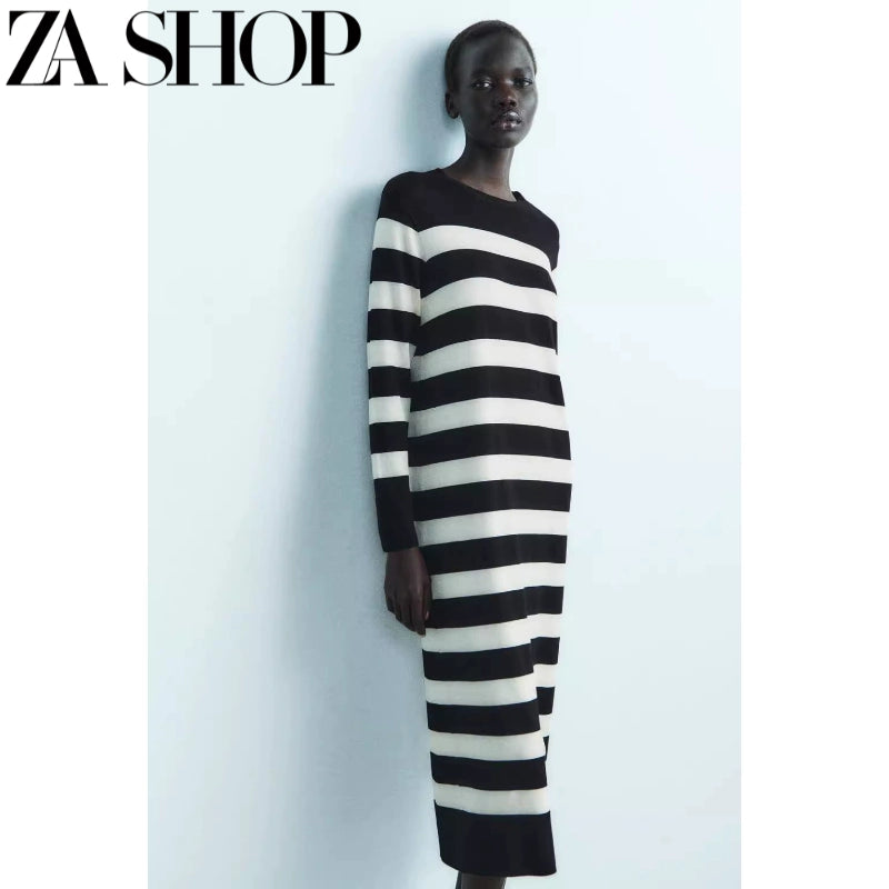 Za Autumn New Women's round Neck Long Sleeve Straight Underwear Long Dress Knitted Wide Striped Midi Skirt Dress 5536135