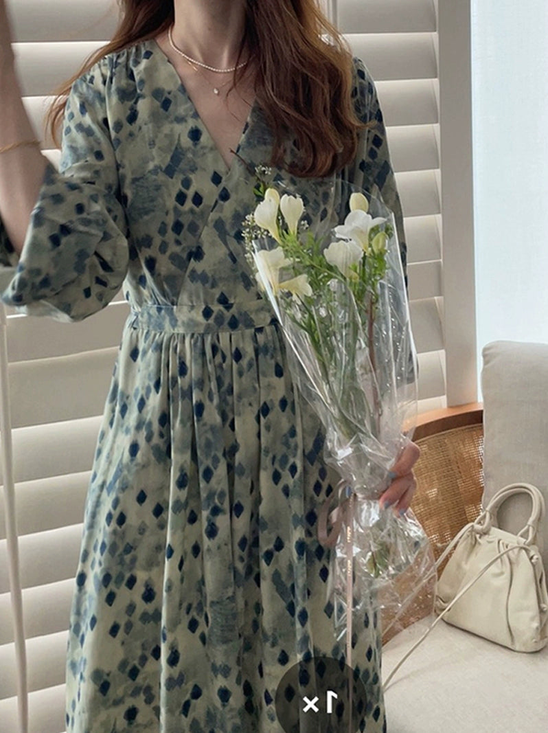 Women's Long Sleeve V Neck Chiffon Elegant Floral Dress