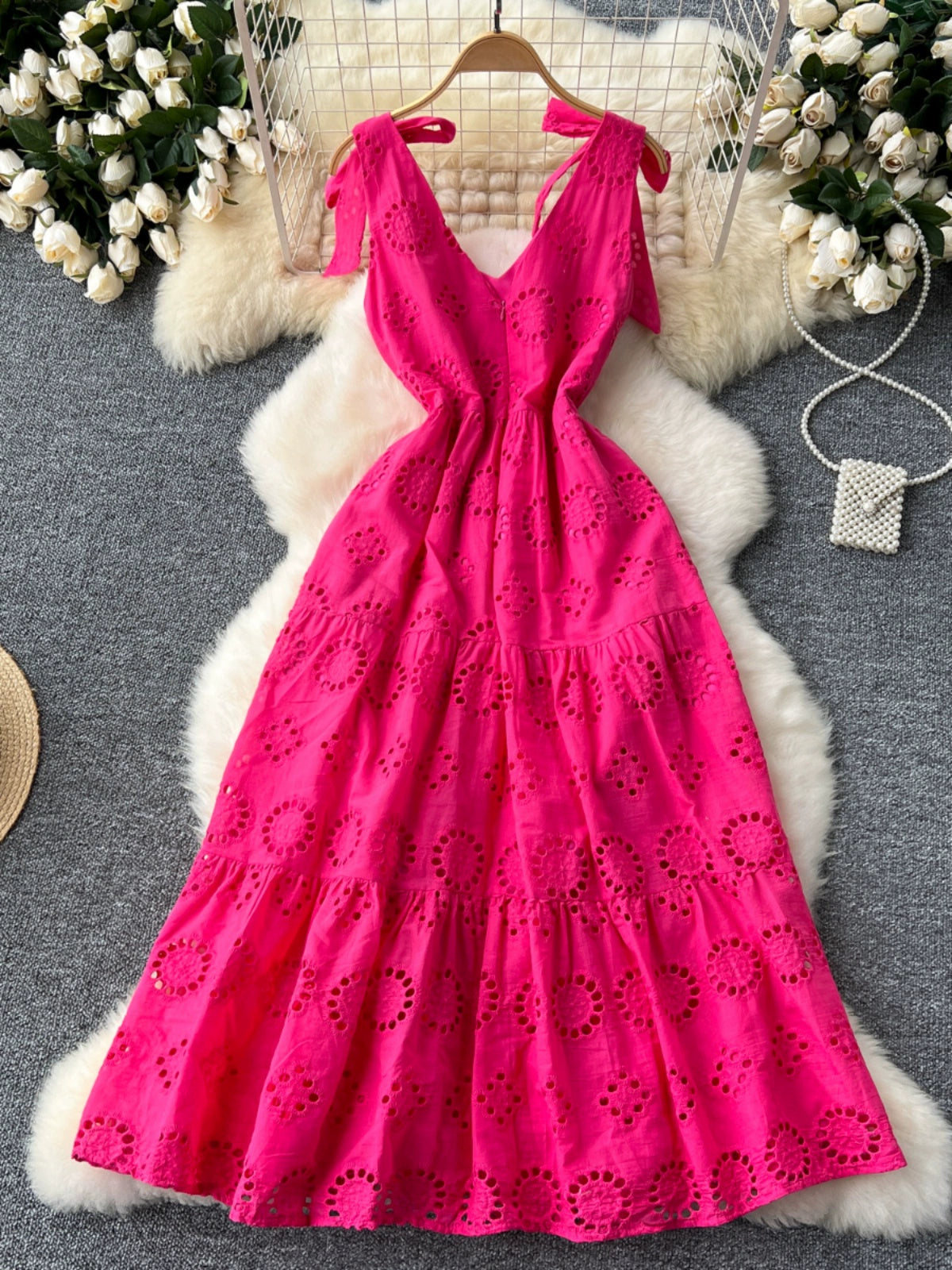 Sweet Bow Bandage Stylish High Waist Dress Women's Cut Out Embroidery Slimming Elegant French Strap Dress