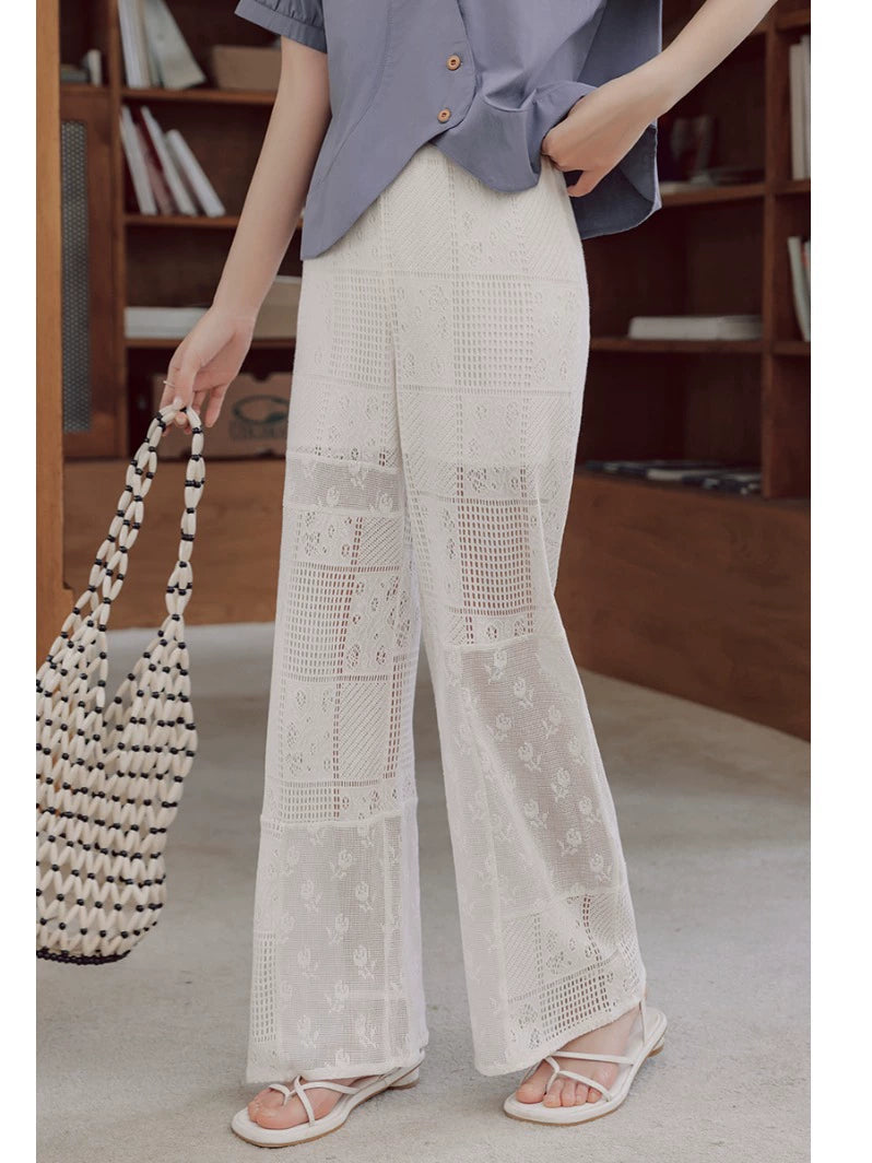 White Hollow-out Lace Patchwork Retro Bandage Dress Casual Pants