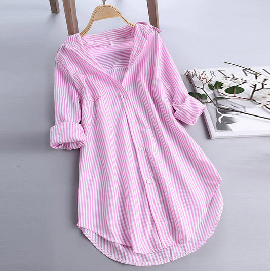 2022 Summer Women Striped Lapel Button down Shirt Women's Striped Shirt