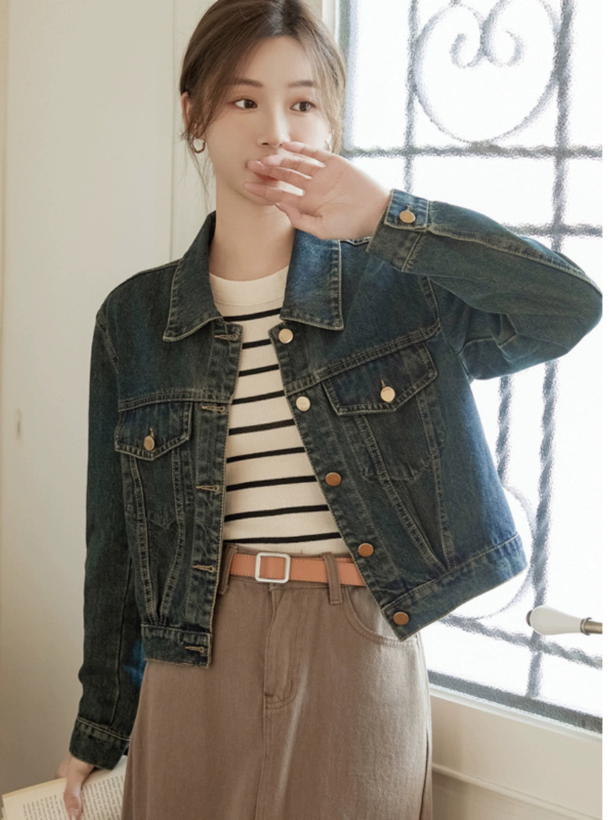 Chic Retro Denim Spring and Autumn Jacket Top Short Coat