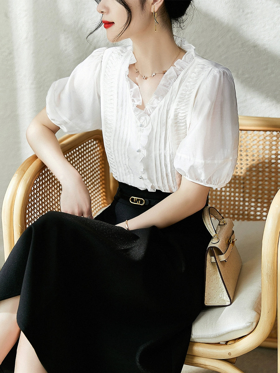 Age-Reducing Simple Sky Silk Light Wooden Ear Chiffon Shirt