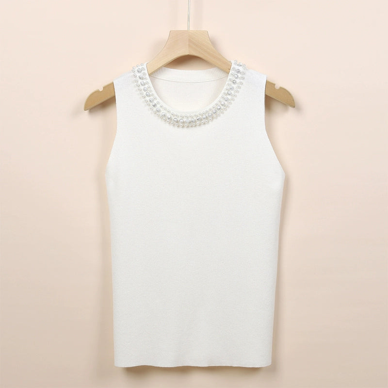 White Sexy Beaded Sweater Sleeveless Tank Top