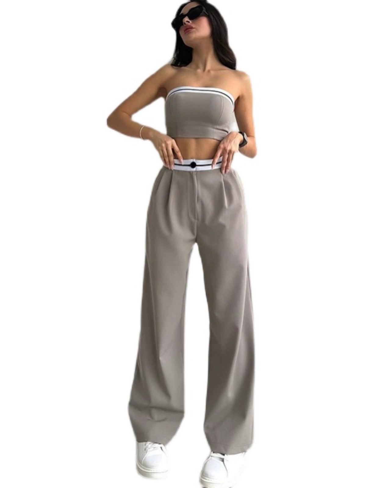 Casual Contrast Color Wide Leg Height Pants Suit Tube Top