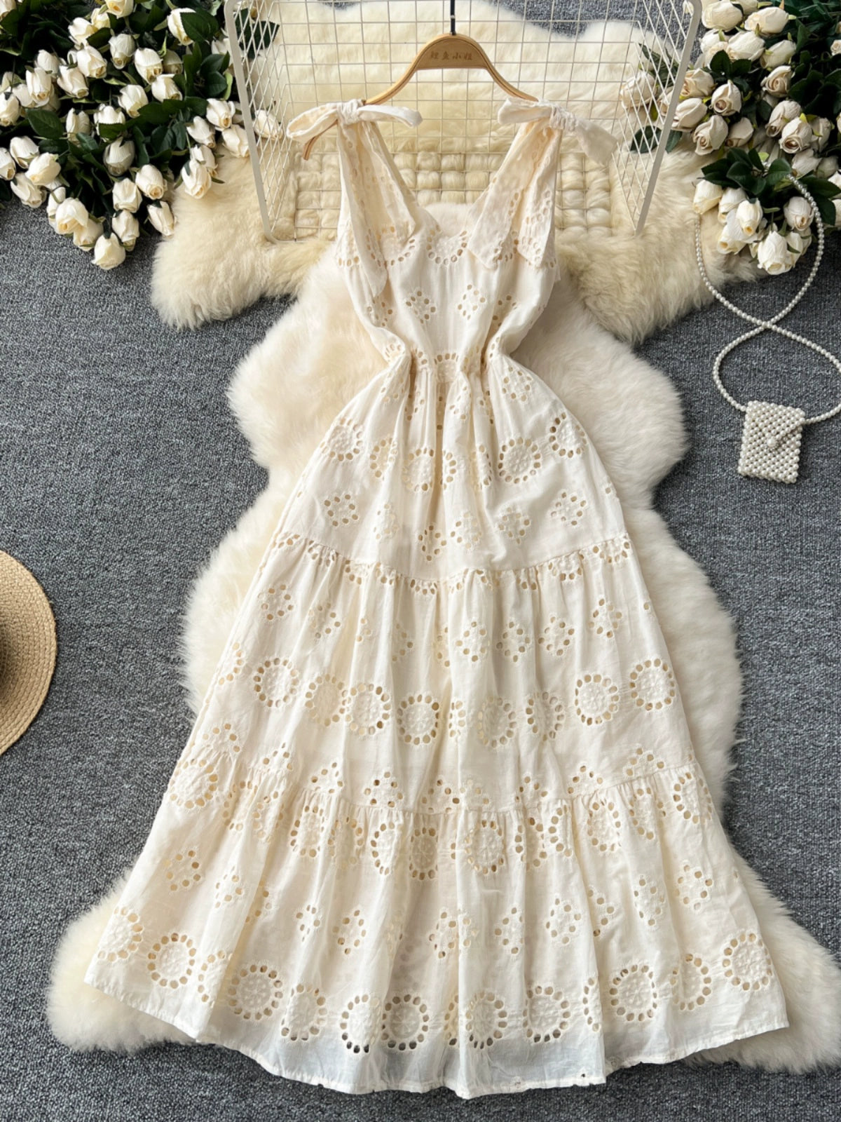 Sweet Bow Bandage Stylish High Waist Dress Women's Cut Out Embroidery Slimming Elegant French Strap Dress