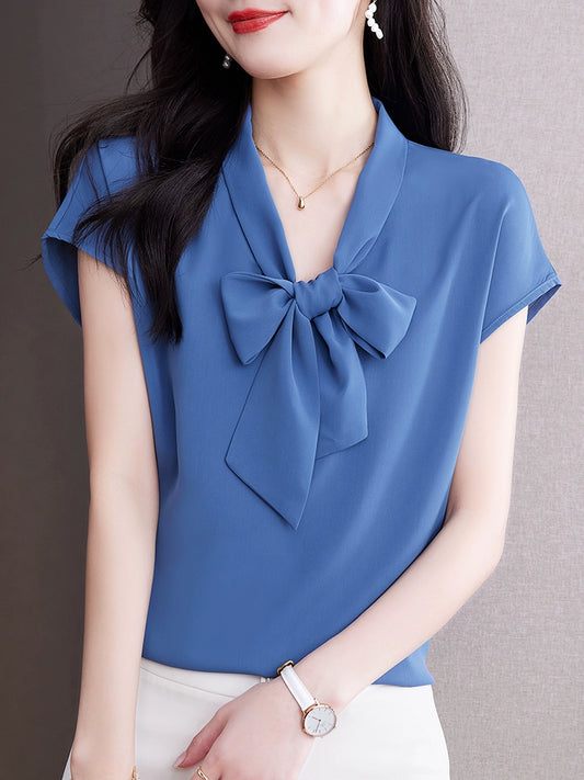 V Neck Short Sleeve Loose Top Chic Bow Shoelace