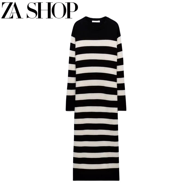 Za Autumn New Women's round Neck Long Sleeve Straight Underwear Long Dress Knitted Wide Striped Midi Skirt Dress 5536135