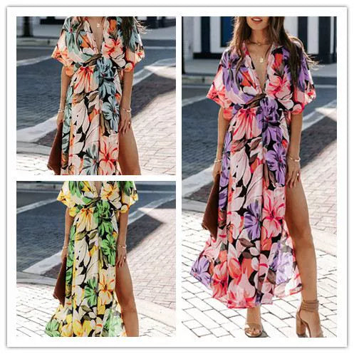 Bohemia Sexy Deep Collar Floral Tight Waist Split Batwing Sleeve Mid Length Long Length Dress Sanya Seaside Beach Skirt