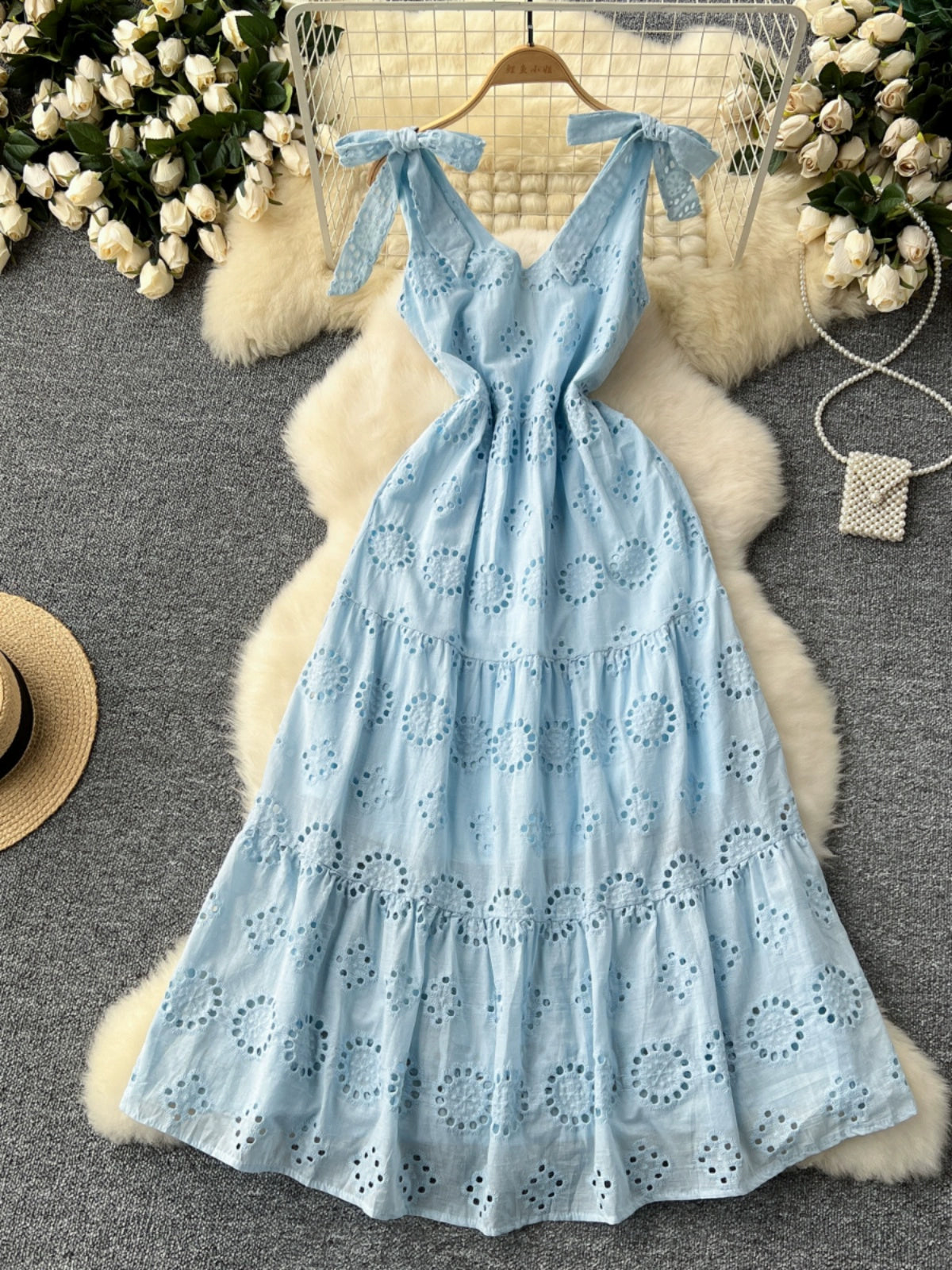 Sweet Bow Bandage Stylish High Waist Dress Women's Cut Out Embroidery Slimming Elegant French Strap Dress