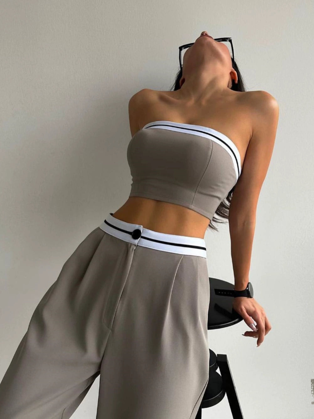 Casual Contrast Color Wide Leg Height Pants Suit Tube Top