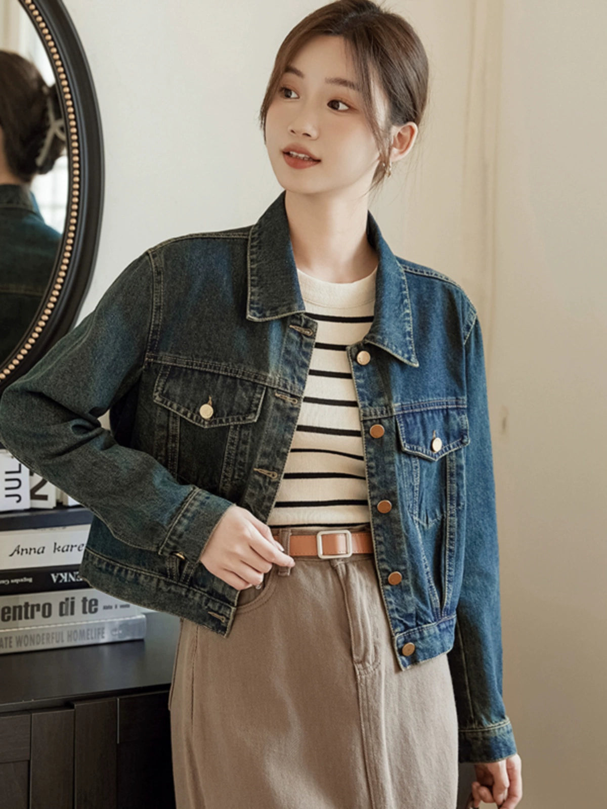 Chic Retro Denim Spring and Autumn Jacket Top Short Coat