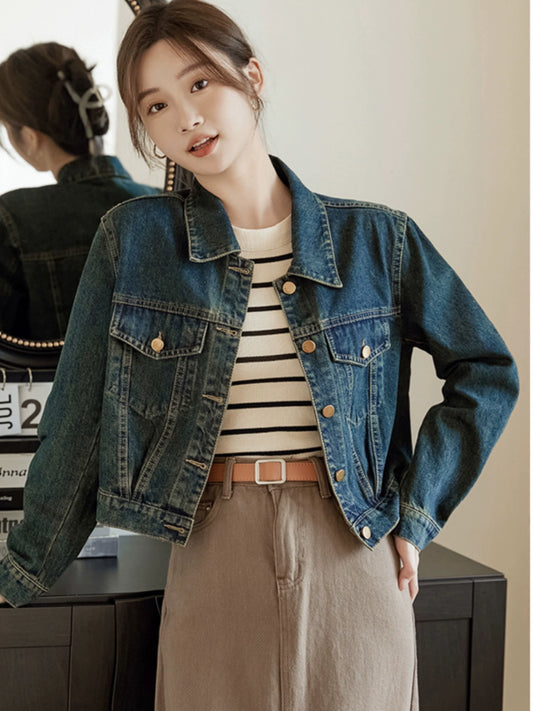 Chic Retro Denim Spring and Autumn Jacket Top Short Coat