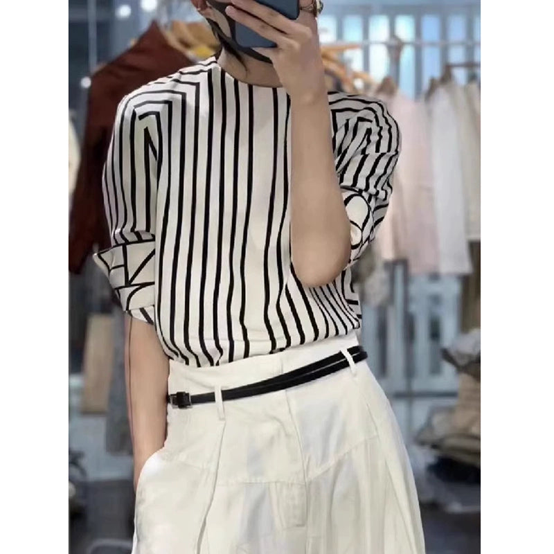 2024 High-End Women's Clothing Fashion New Arrival Summer Fancy Design Niche Style Lightly Mature Vertical Stripes Beautiful Shirt