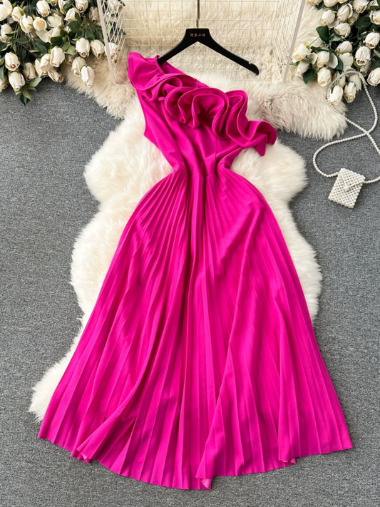 Early Spring New Arrival Dress Female Stylish Stereo Ruffles One-Shoulder Cold-Shoulder Silm Mid-Length Formal Dress Pleated Skirt