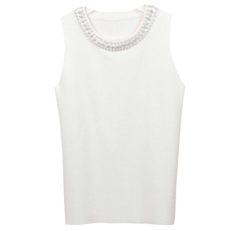 White Sexy Beaded Sweater Sleeveless Tank Top