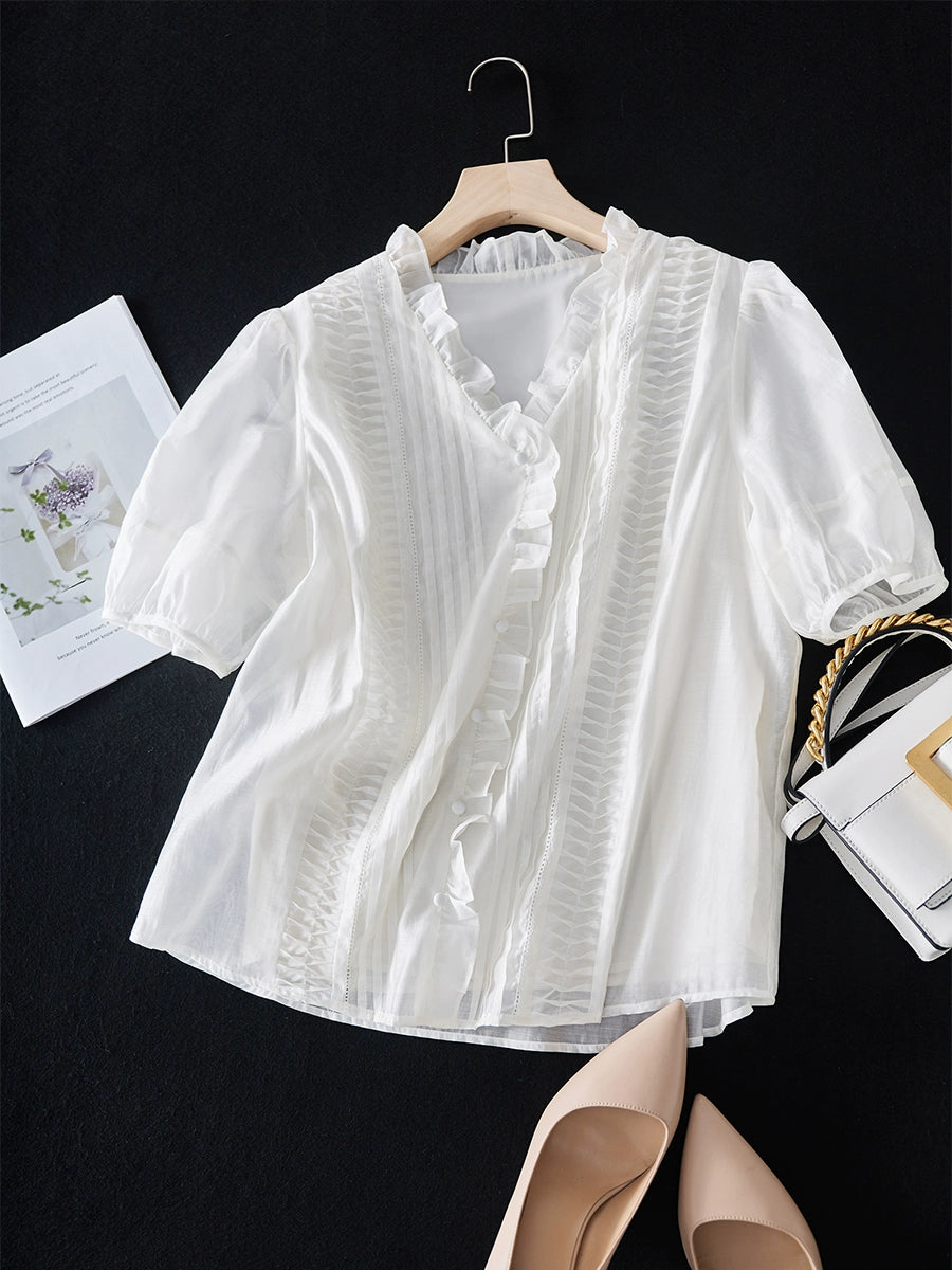 Age-Reducing Simple Sky Silk Light Wooden Ear Chiffon Shirt