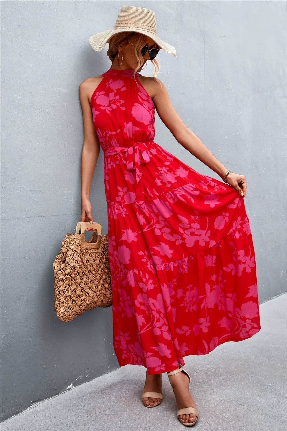 2022 Summer New Polka Dot Print Halter Neck Strap Dress