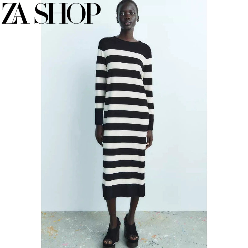 Za Autumn New Women's round Neck Long Sleeve Straight Underwear Long Dress Knitted Wide Striped Midi Skirt Dress 5536135