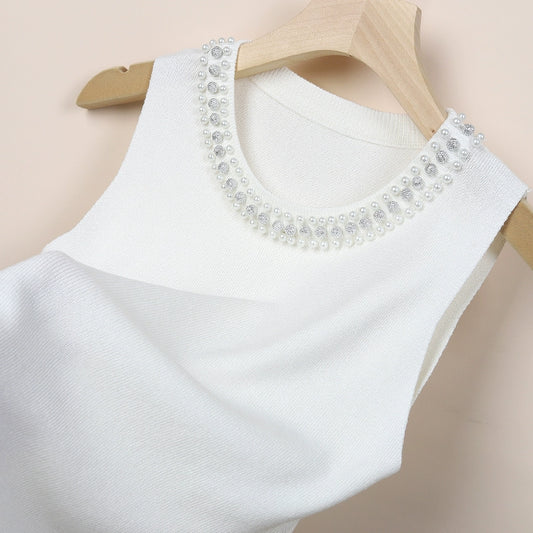 White Sexy Beaded Sweater Sleeveless Tank Top