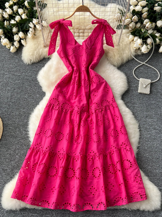 Sweet Bow Bandage Stylish High Waist Dress Women's Cut Out Embroidery Slimming Elegant French Strap Dress