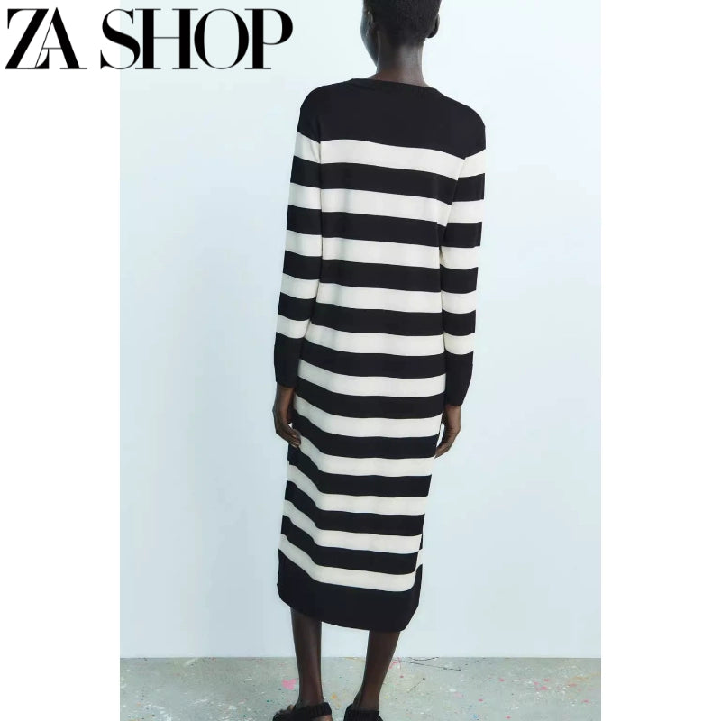 Za Autumn New Women's round Neck Long Sleeve Straight Underwear Long Dress Knitted Wide Striped Midi Skirt Dress 5536135