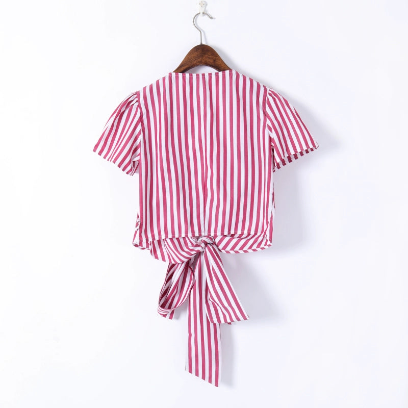 Women's Fashionable All-Match Striped Short-Sleeved Button-Free Top