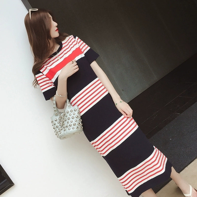 Big Brand Balance Cargo Striped Casual Slit Short Sleeve Dress