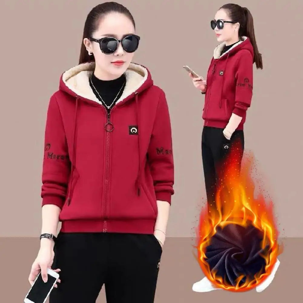 Winter New Plush Thickened 2 Piece Set Coat Top Hoodie Sweatpants Suit Elegant Women's Pants Set Outfits Tracksuit Outfits