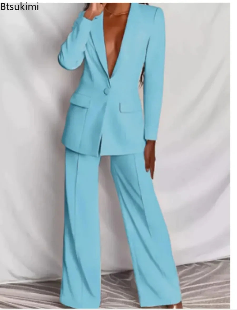 2024 Women's Formal Office 2PCS Sets Solid Blazer Suits and Pants Sets Slim Fit Women's Pants Suits Sets Temperament Tracksuits