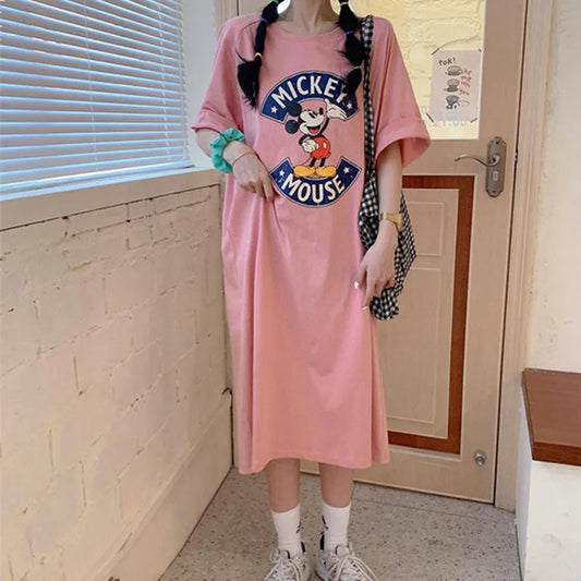 Brand Trend  Summer New Women Dress Mickey Mouse Cartoon Loose Short-sleeved Over-the-knee Long T-shirt Skirt