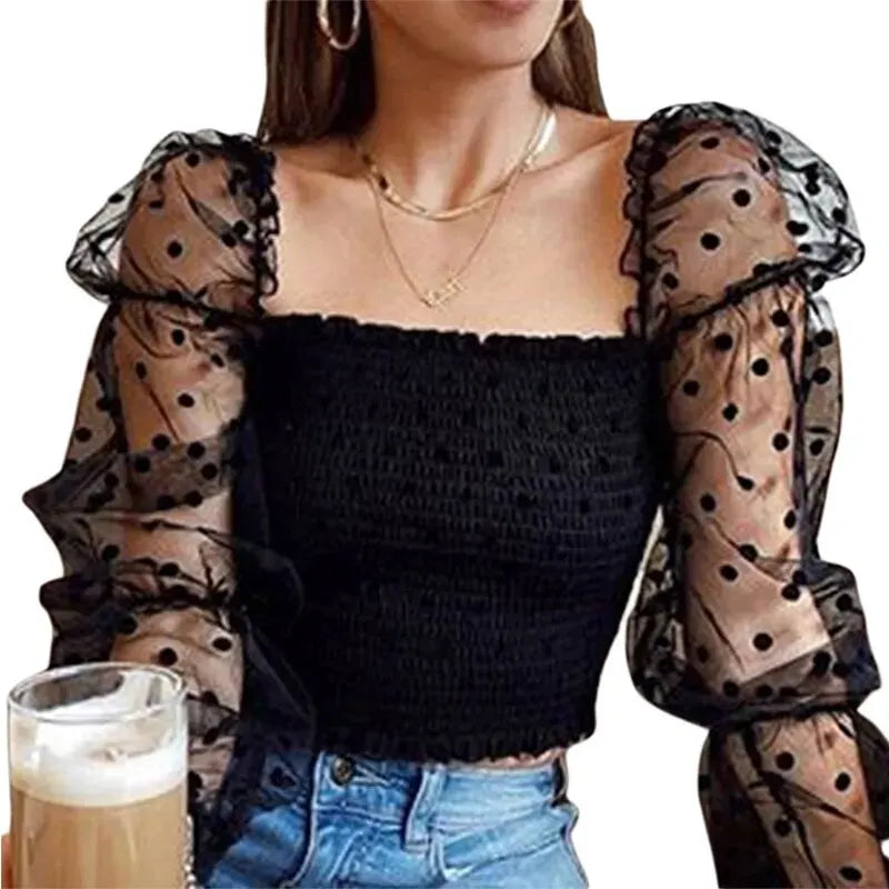 Women's Short Top Wave Dotted Sexy Mesh Puffy Long Sleeve See Through Comfortable and Breathable Blouse