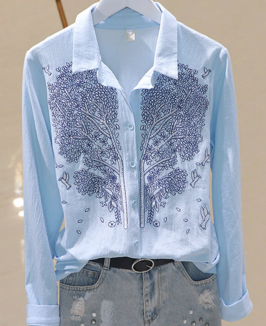 Cotton Flower Embroidery Women Shirts Blouses 2023 Autumn Fashion Long-Sleeved Solid Office Lady Elegant Shirt Top Blue White