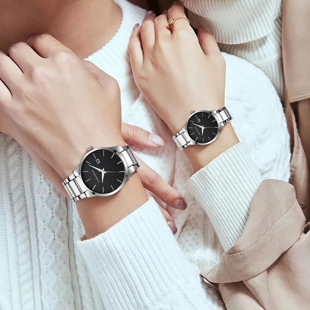 2 Pieces Quartz Watches For Couples Black Stainless Steel Business Men's Clock Casual Minimalist Women Gift Watch Pareja Regalo