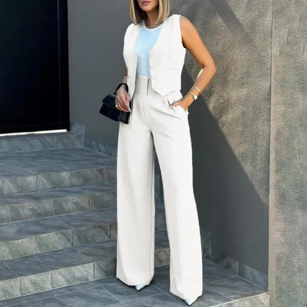 Two-piece Suit Elegant Lady Baggy Pants Set with Sleeveless Vest Solid Color High Waist Women's Wide Leg Pants Casual for A