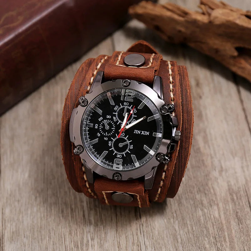 Vintage Brown Watches Men Genuine Leather Pointer Belt Strap Punk Watch Wide Cowhide Bracelet & Bangles For Women Male Jewelry