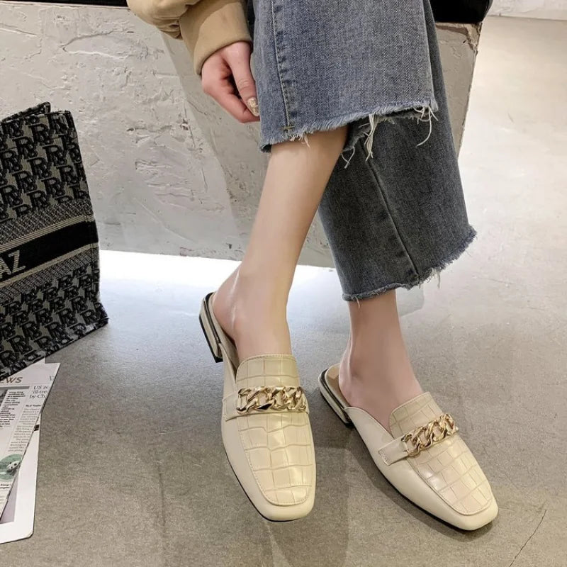 2024 New Chain Mules Women Slides Square Toe Ladies Striped Shoes Summer Fashion Footwear Plus Big Size