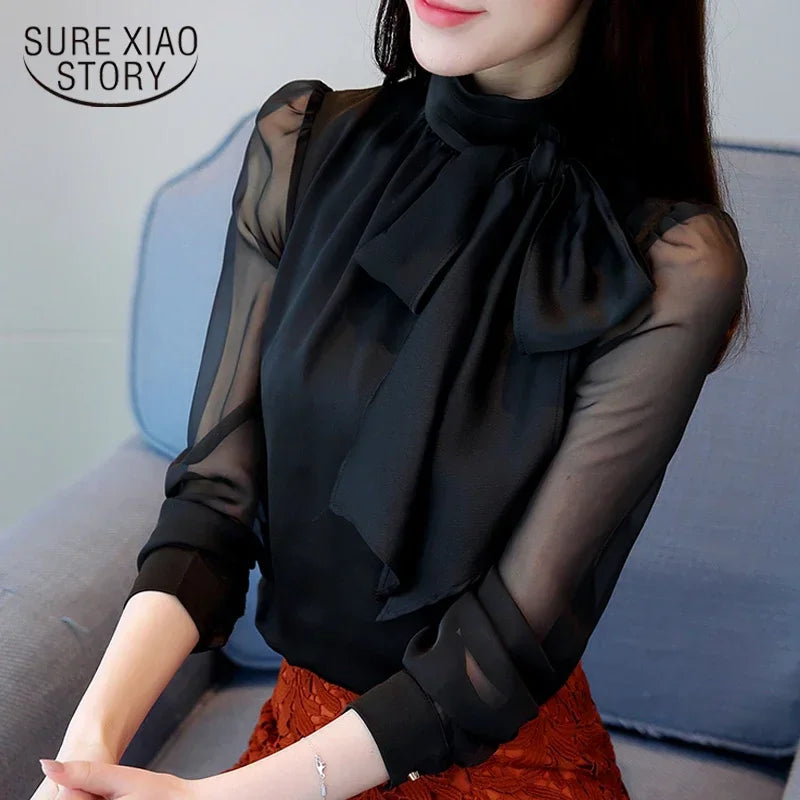 2024 New Summer Fashion Tunic Women Blouse Shirts Long Sleeve Tie Bow Chiffon Turtleneck Formal Women White Black Shirts 0599 30