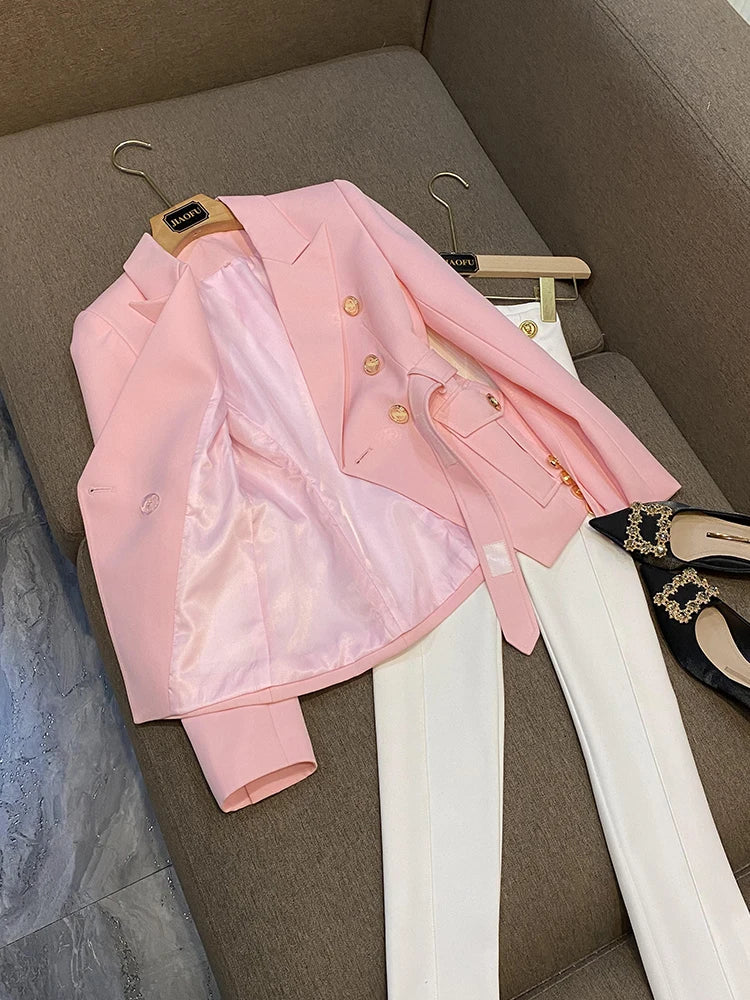 2023 New Pink Color Gold Buttons Lapel Slim Blazers With Blet For Women Casual Elegant Lady Jacket Tops