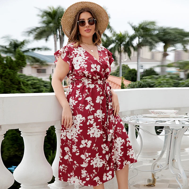 Della Mel 4XL Plus Size Women Clothing Elegant Party Maxi Dresses Summer Ruffle Sleeves Holiday Floral Print Big Size Long Dress