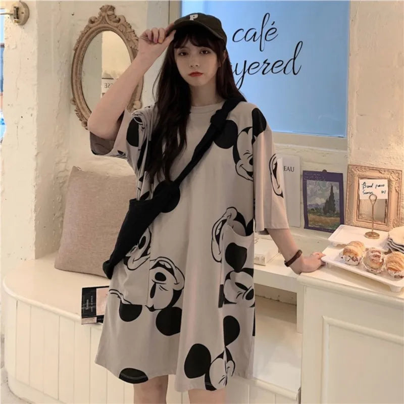 Summer Womens dresses T Shirt Cotton Quality cartoon Print T-shirt Mid-length Short Sleeve Girls Casual sexy long Female dress