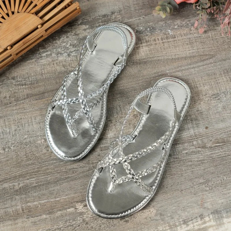 Women Beach Woven Hollow Sandals Women Flats Casual Clip Toe Sandals Summer 2024 New Fashion Walking Zapatos Dress Femme Slides