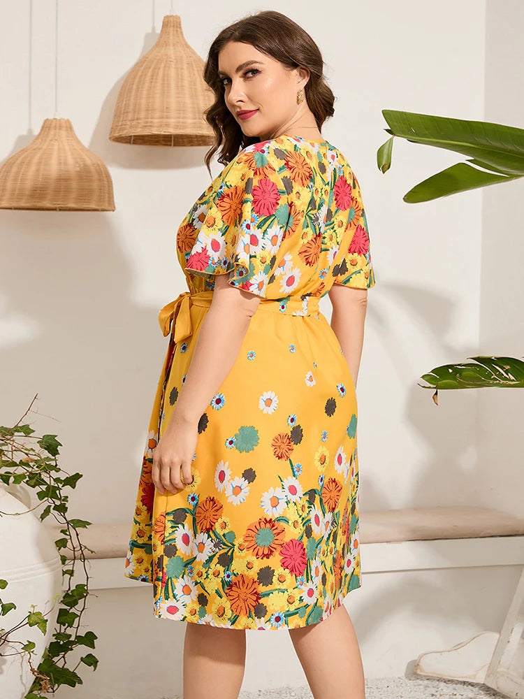 2023 New Women Dress Short Sleeve Summer Woman Beach Dresses Floral Yellow Plus Size Dress V-neck Party Birthday Dress For Women