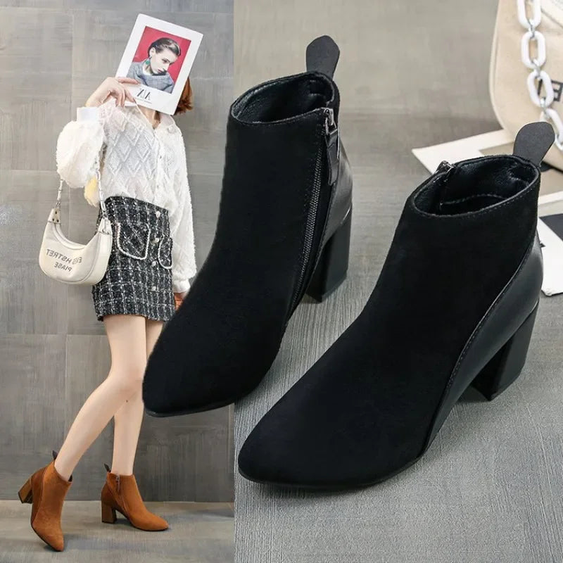 2023 Autumn/Winter Women Ankle Boots Pointed Fashion Short Boots Suede Panel Side Zipper Thick Heels Women's Shoes Large 44