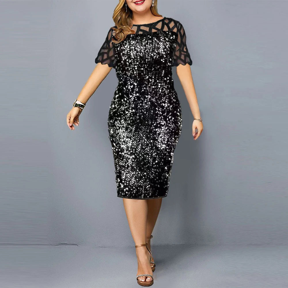 Big Size Clothing 2024 Summer Loose Short Sleeve Woman Dress Elegant Personalized Sequin Design Plus Size Dress Party Vestidos