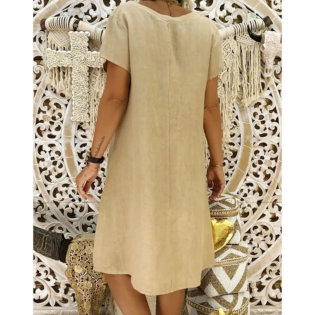 Boho Cotton Linen Dress Women Summer 2023 Short Sleeve V-Neck Tops Casual Loose Dress Female Street T-shirt Dress Vestidos