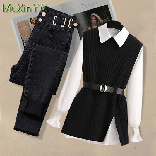 2024 Spring New Korean Elegant in Matching Set Women's Fashion Knitted Vest+Shirt+Jeans Three Piece Female Chic Denim Pants Suit