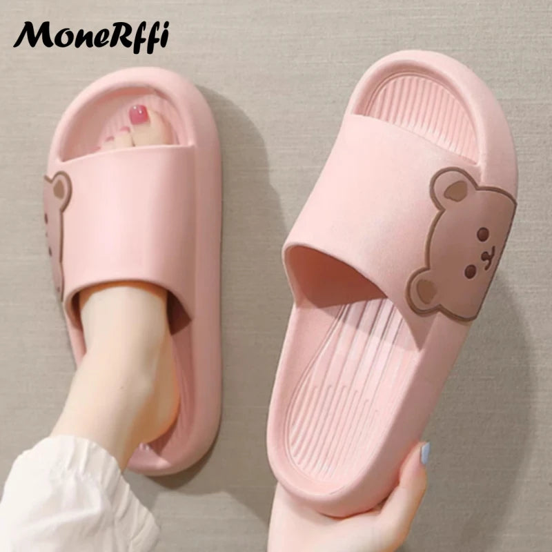 2024 Summer Women Slippers Beach Slides Cartoon Bear Flip Flops Men Shoes Thick Sole Home Bathroom Non-Slip Shoes Couple Sandals